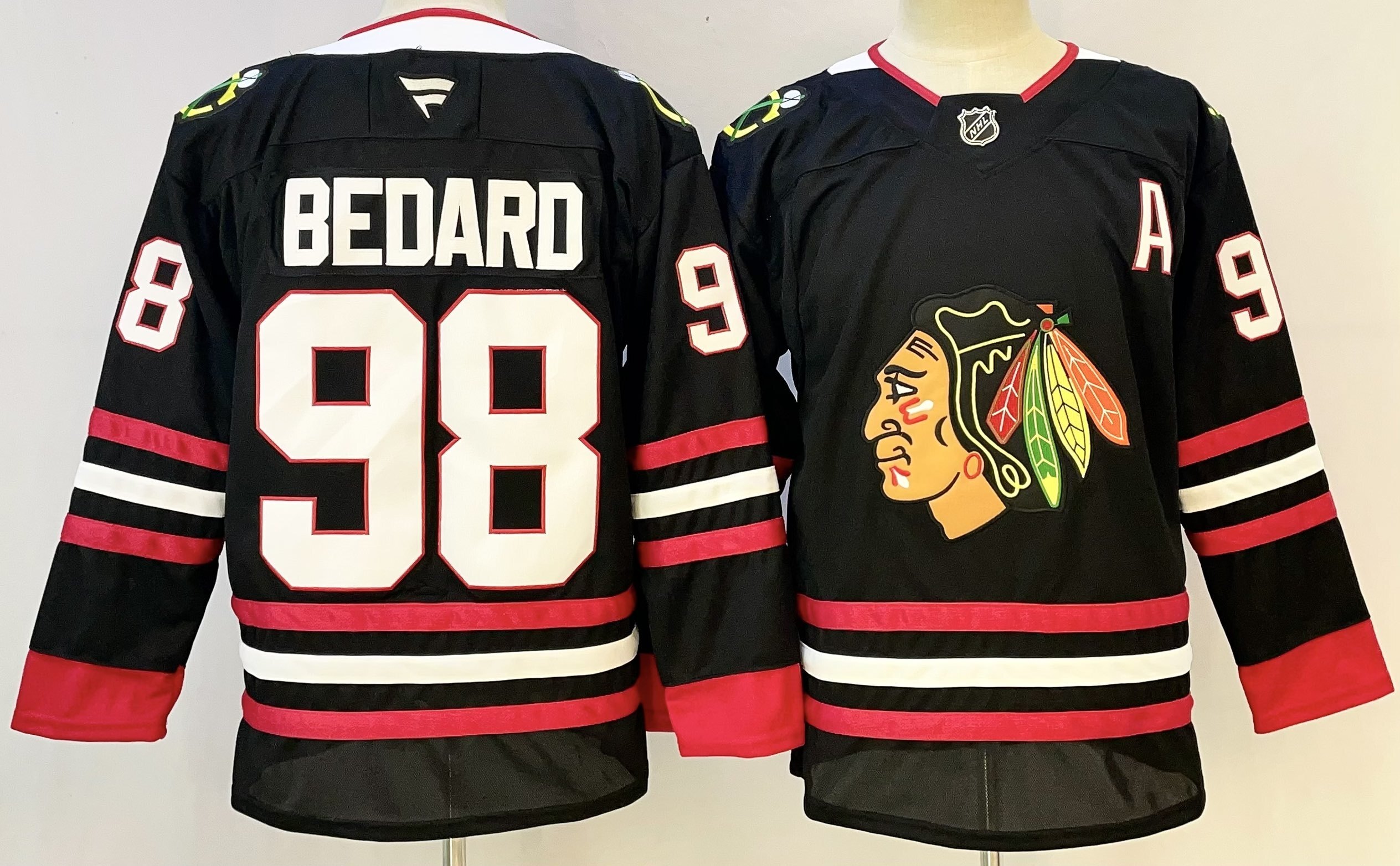Men's Black Chicago Blackhawks #98 Connor Bedard With A Patch Stitched Hockey Jersey